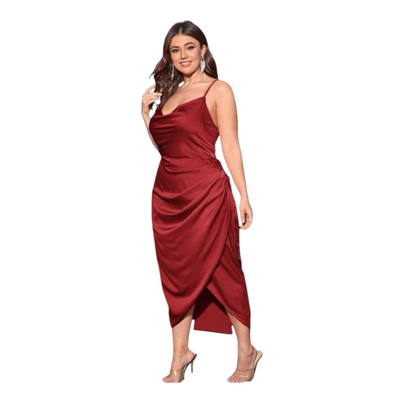 floerns Dresses & Skirts - FLOERNS BRICK RED SATIN FEEL SPAGHETTI STRAP COWL NECK WRAP STYLE DRESS NWT